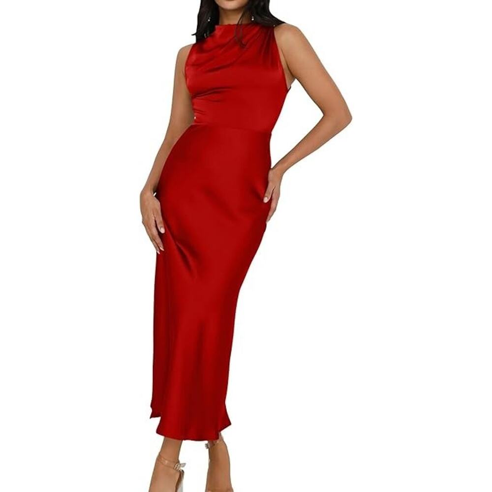 Memoriesea Women's Sexy Sleeveless Cowl Neck Flowy A Line Party Cocktail Midi Dr - Picture 2 of 6